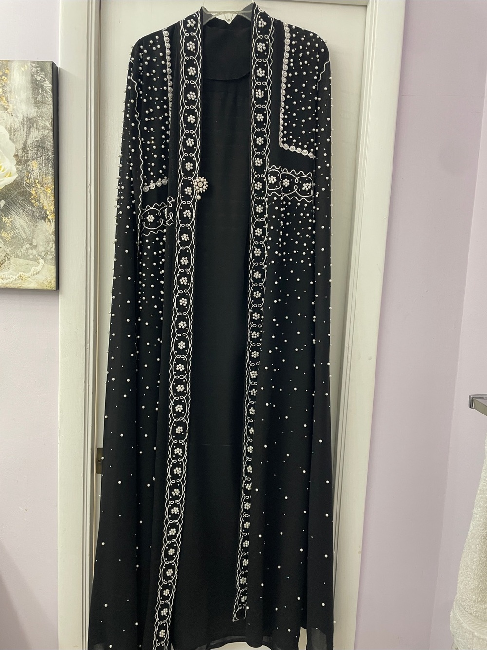 Black Embellished Open Front Long Duster with White Floral Trim